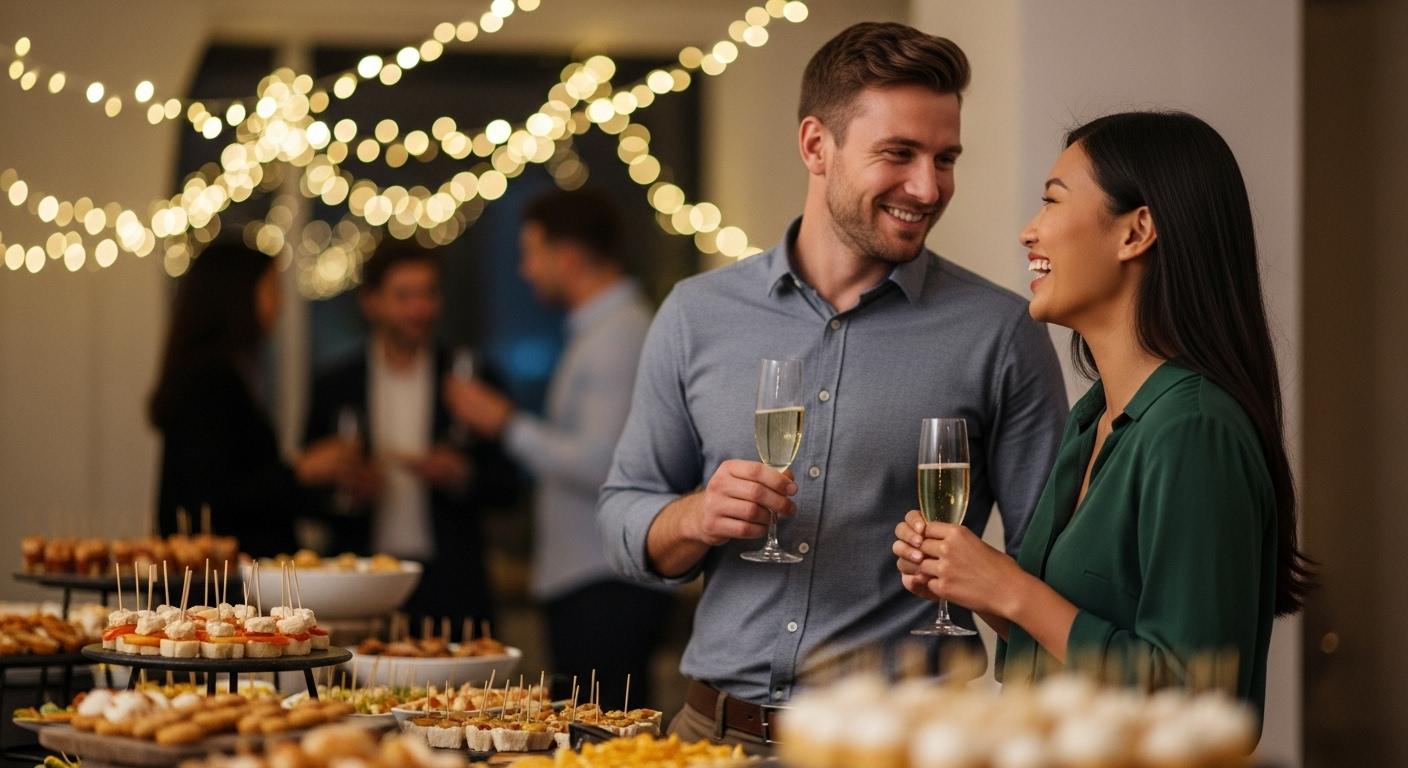 Une scène de soirée d’entreprise, deux collègues discutent près d’un buffet, l’un tient un verre et sourit chaleureusement à l’autre, l’atmosphère est détendue et complice