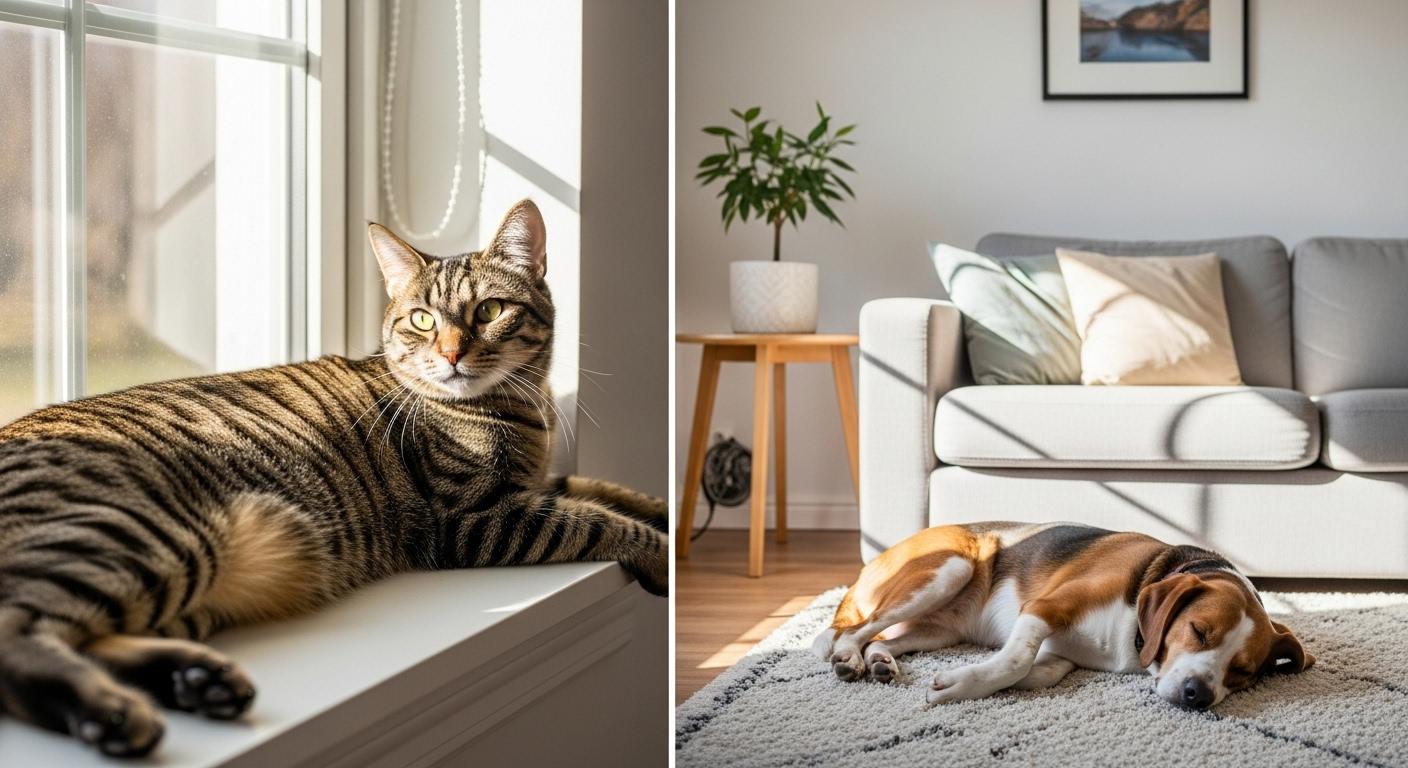 Un chat tigré allongé sur un rebord de fenêtre ensoleillé, observant l’extérieur, tandis qu’un chien de taille moyenne dort paisiblement près d’un canapé dans un salon lumineux et ordonné.