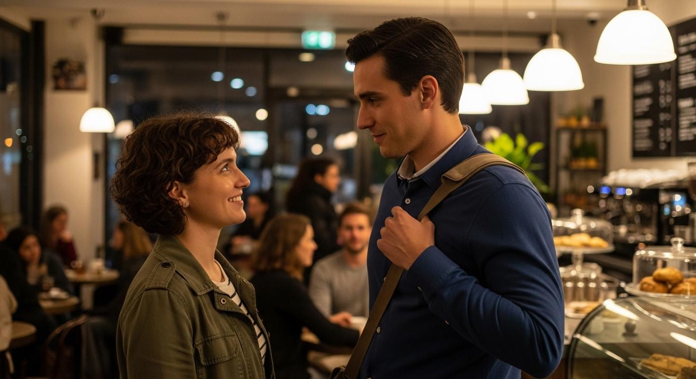Deux personnes debout dans un café animé, se regardant timidement pour la première fois, l’une esquissant un sourire sincère pendant que l’autre ajuste sa posture, ambiance de début de soirée avec une lumière chaleureuse.