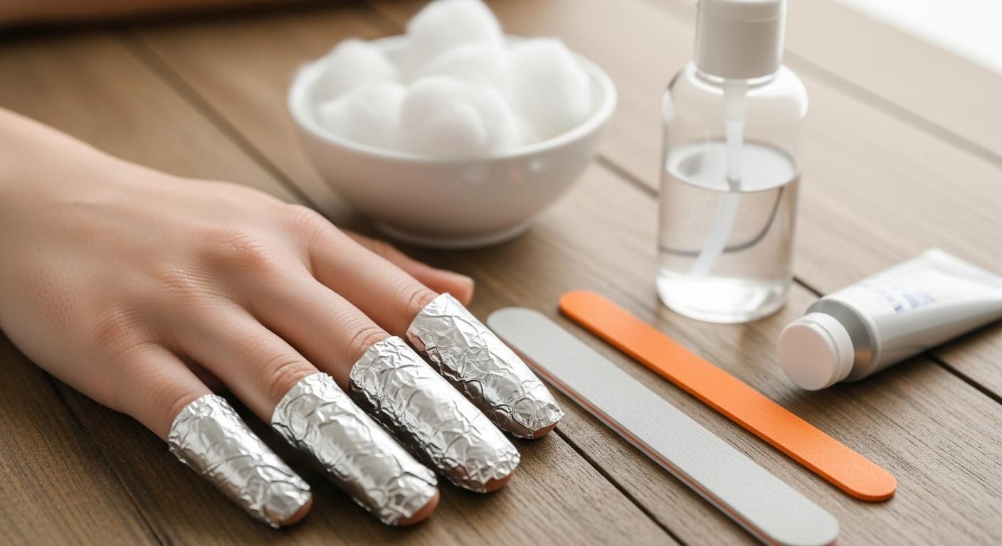 Une main féminine posée sur une table, chaque doigt enveloppé dans une papillote d’aluminium, avec les accessoires de manucure posés à côté, créant une ambiance de soin à domicile.