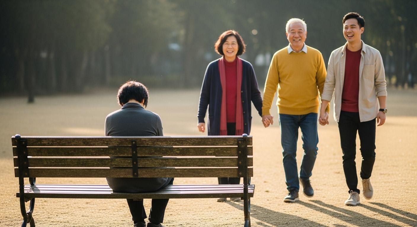 Une personne assise seule sur un banc dans un parc, regardant au loin un ancien couple main dans la main avec le nouveau partenaire, tous souriants et contrastant clairement dans le style vestimentaire et l’attitude.