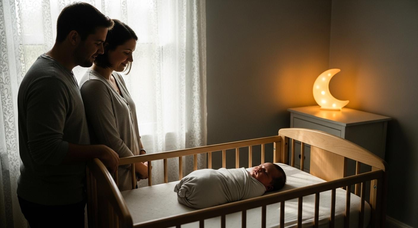 Un nouveau-né endormi paisiblement dans son berceau, la lumière douce du matin filtrant à travers un rideau, une veilleuse allumée dans un coin de la chambre, tandis que des parents veillent silencieusement à distance.