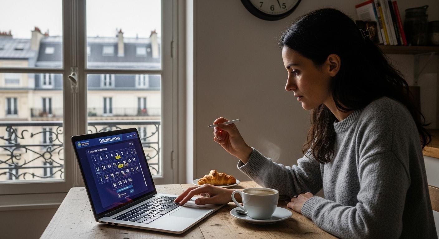Une femme assise à une table de cuisine à Paris, concentrée devant son ordinateur portable, coche une grille Euromillions numérique tout en consultant une tasse de café, une ambiance matinale rassurante.