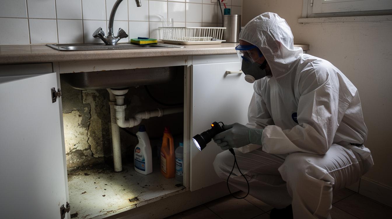 Un technicien en combinaison anti-nuisibles réalise une inspection dans un appartement de Montreuil, lampe en main, contrôlant un recoin sombre sous un évier avec vigilance et professionnalisme.