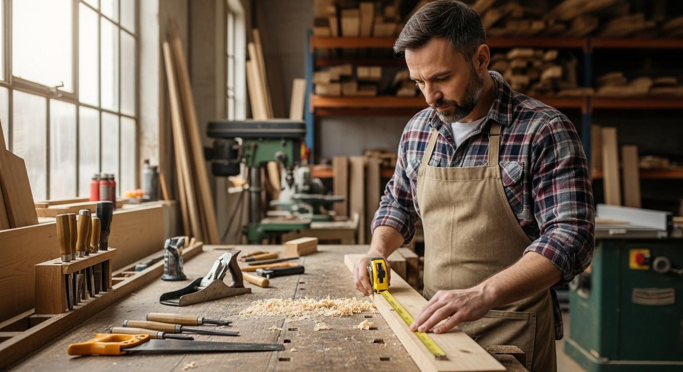 Un menuisier en blouse de travail mesure soigneusement une planche de bois sur son établi, baigné par la lumière naturelle d’un atelier ordonné.
