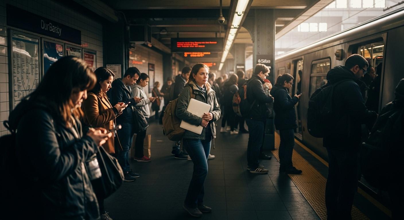 Une femme debout sur un quai de métro bondé, tenant un sac à dos pour ordinateur portable, entourée de voyageurs pressés, avec la lumière du matin filtrant à travers la station.