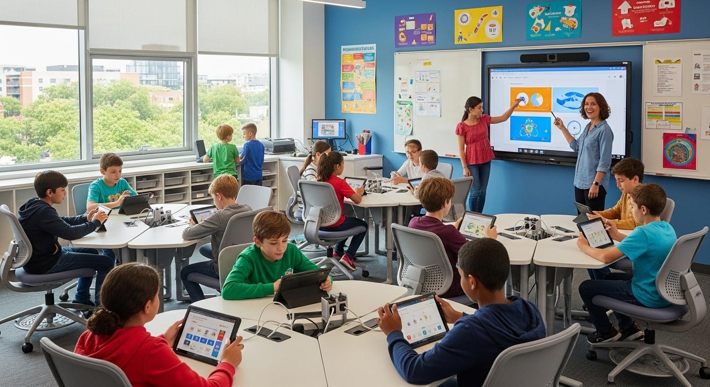 Une classe moderne avec des élèves utilisant des tablettes et des écrans interactifs, tandis qu’une enseignante anime une activité numérique, illustrant l’impact de l’innovation technologique dans l’éducation.