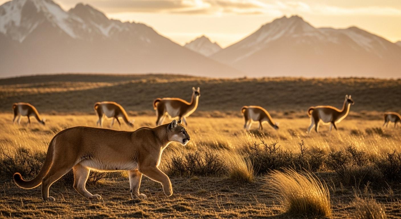 Un puma solitaire avance prudemment dans la lumière dorée du matin sur une steppe balayée par le vent, tandis qu’un groupe de guanacos broute à distance, sur fond de montagnes lointaines.