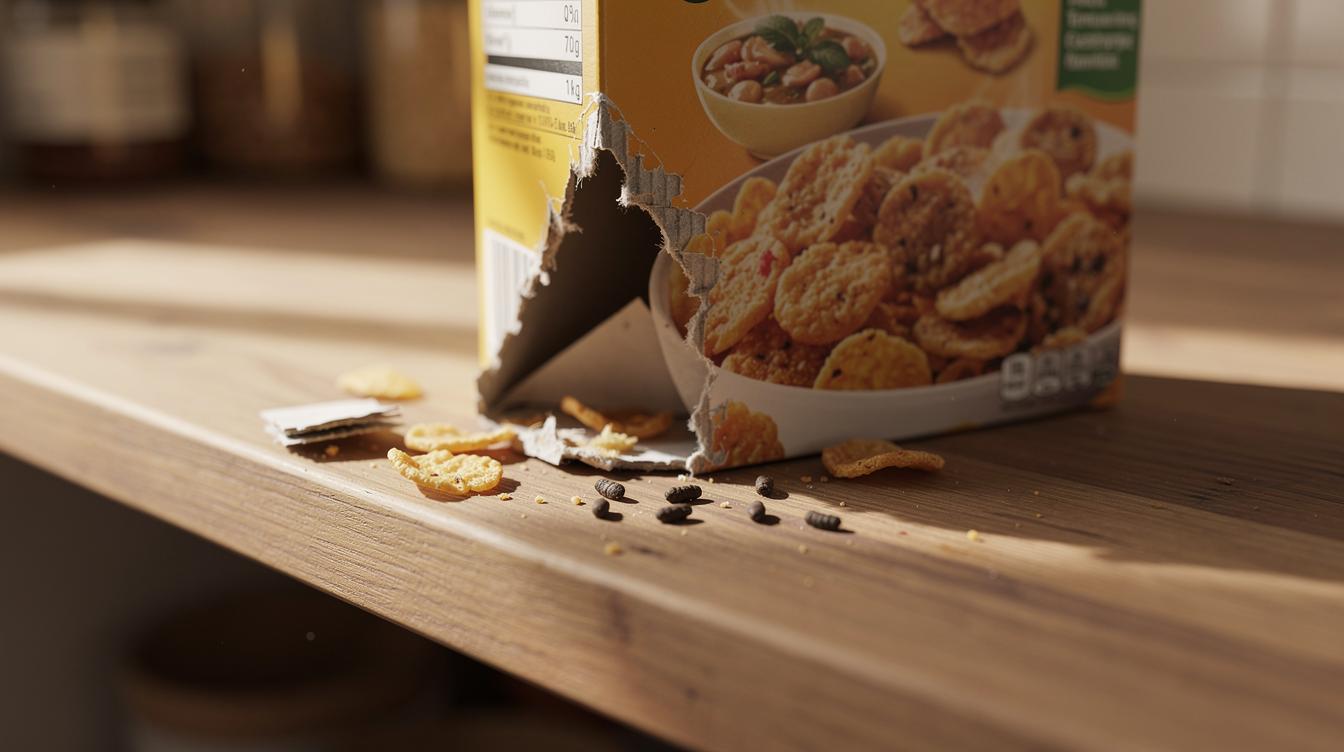 Boîte de céréales posée sur une étagère de cuisine avec un coin grignoté et de petites crottes de rongeurs dispersées à côté, lumière du matin filtrant par la fenêtre