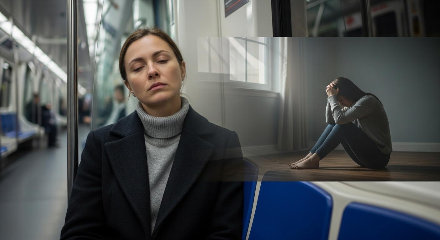 Une femme assise dans un wagon de métro, l’air fatigué, a soudain un regard fixé dans le vide ; devant elle, se superpose la vision nette d’une amie en train de pleurer seule dans une pièce sombre, illustrant un flash de clairvoyance troublant.