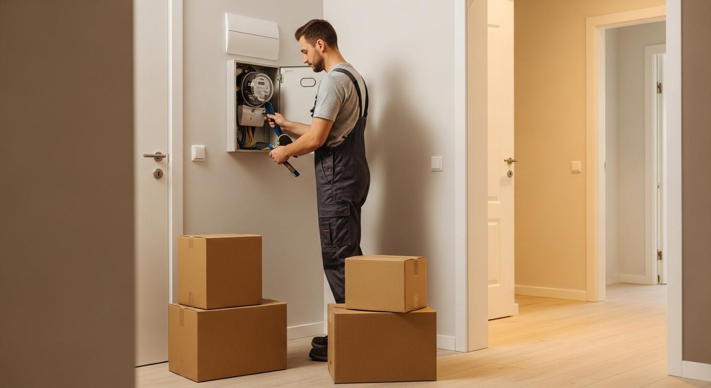 Un technicien en tenue de travail ouvre un boîtier de compteur électrique dans l’entrée d’un appartement fraîchement rénové, avec des cartons de déménagement posés au sol à côté.