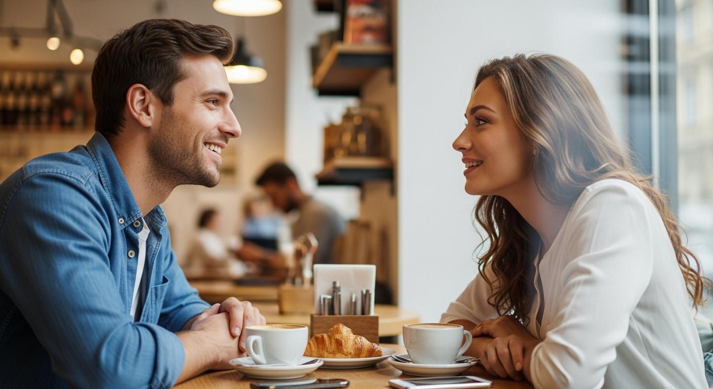 Un homme et une femme assis dans un café, l’homme écoute attentivement la femme avec un sourire sincère, tandis qu’elle se sent visiblement en confiance et détendue, échangeant un regard complice.