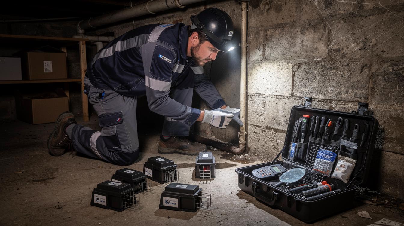 Un technicien en tenue professionnelle de dératisation, lampe frontale sur la tête, inspecte minutieusement une cave sombre à Mareil-Marly, entouré de boîtiers de pièges sécurisés et d'outils spécialisés.