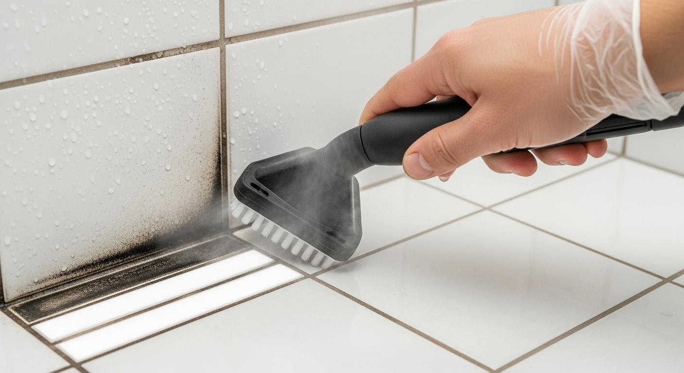 Une main manie une brosse à embout vapeur sur les joints du carrelage d'une salle de bain, des traces sombres disparaissent pour laisser place à des lignes blanches nettes.