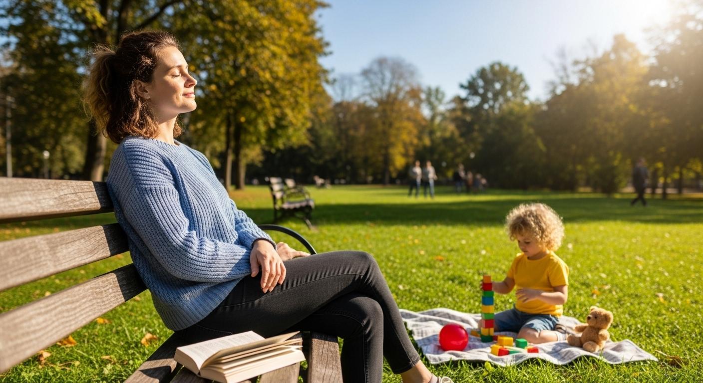 Une mère assise sur un banc dans un parc, savourant un moment de détente pendant que son enfant joue calmement à proximité, sous un ciel clair et lumineux.
