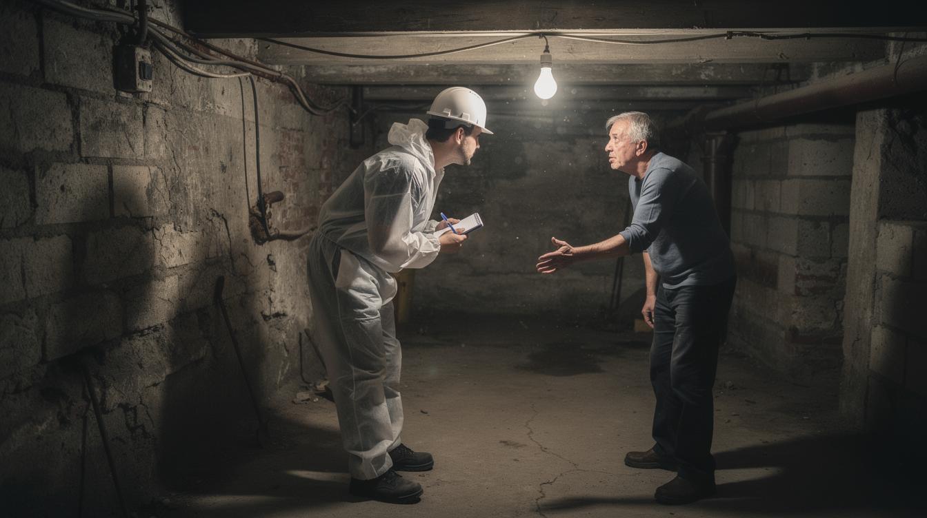 Technicien en combinaison, carnet à la main, penché dans une cave sombre d’un immeuble ancien de Chavenay, observant les coins et dialoguant avec un résident inquiet