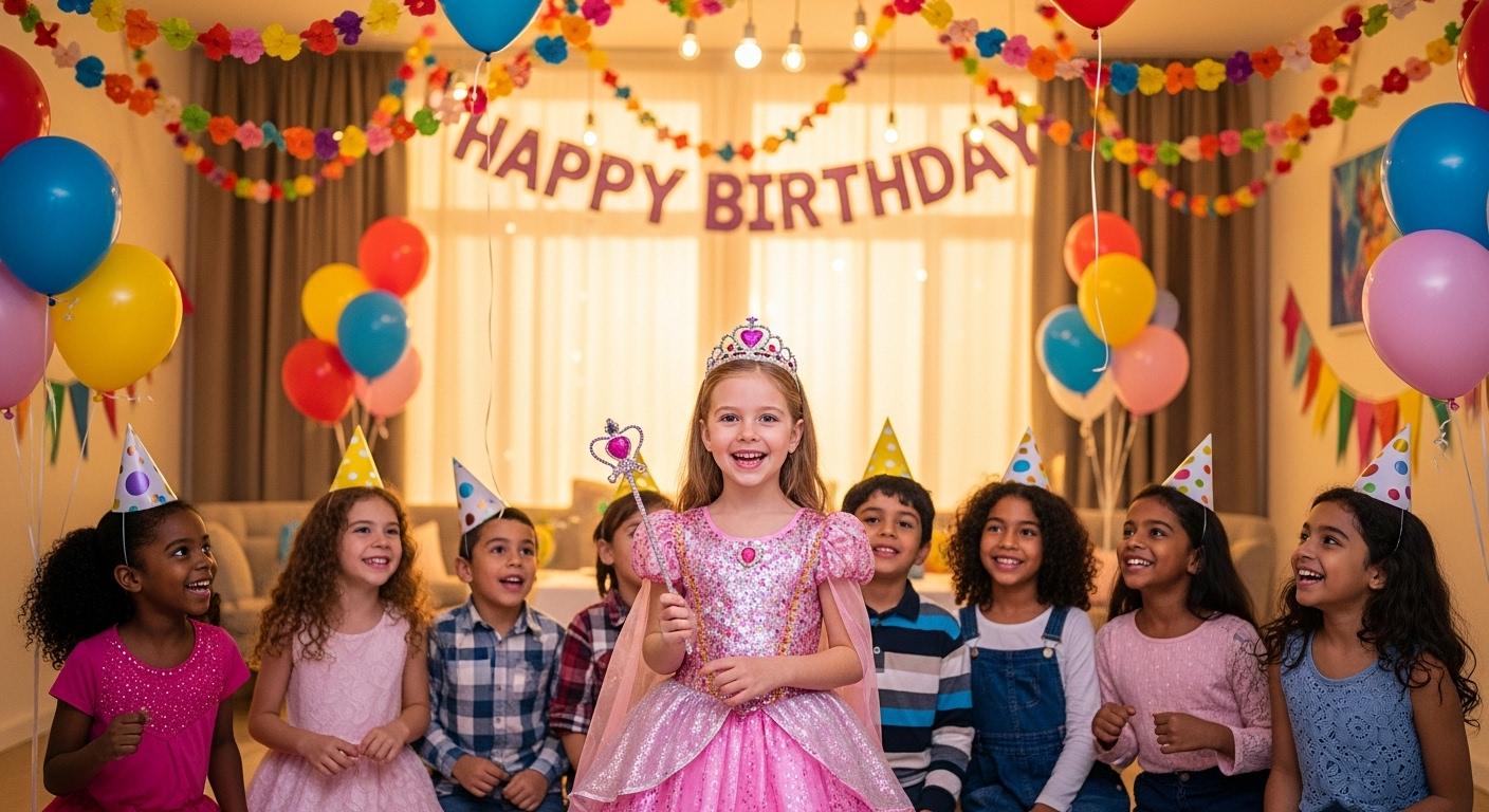 Une petite fille au centre d'une pièce décorée de guirlandes et de ballons, portant une robe de princesse scintillante, entourée d'enfants émerveillés qui l'observent en souriant.