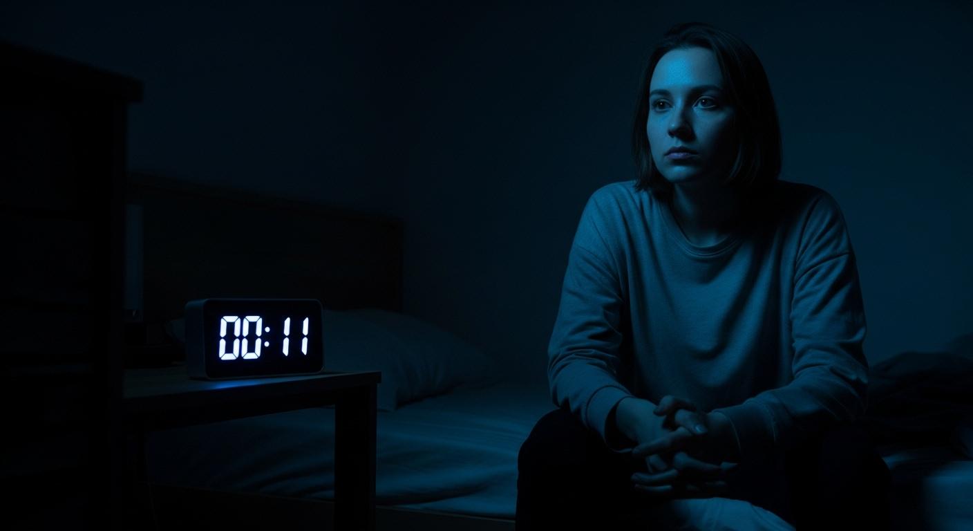 Une personne assise seule dans la pénombre de sa chambre, éclairée seulement par la lueur bleutée d’une horloge digitale affichant 00h11, l’air songeur et éveillé, entourée d’un silence nocturne.