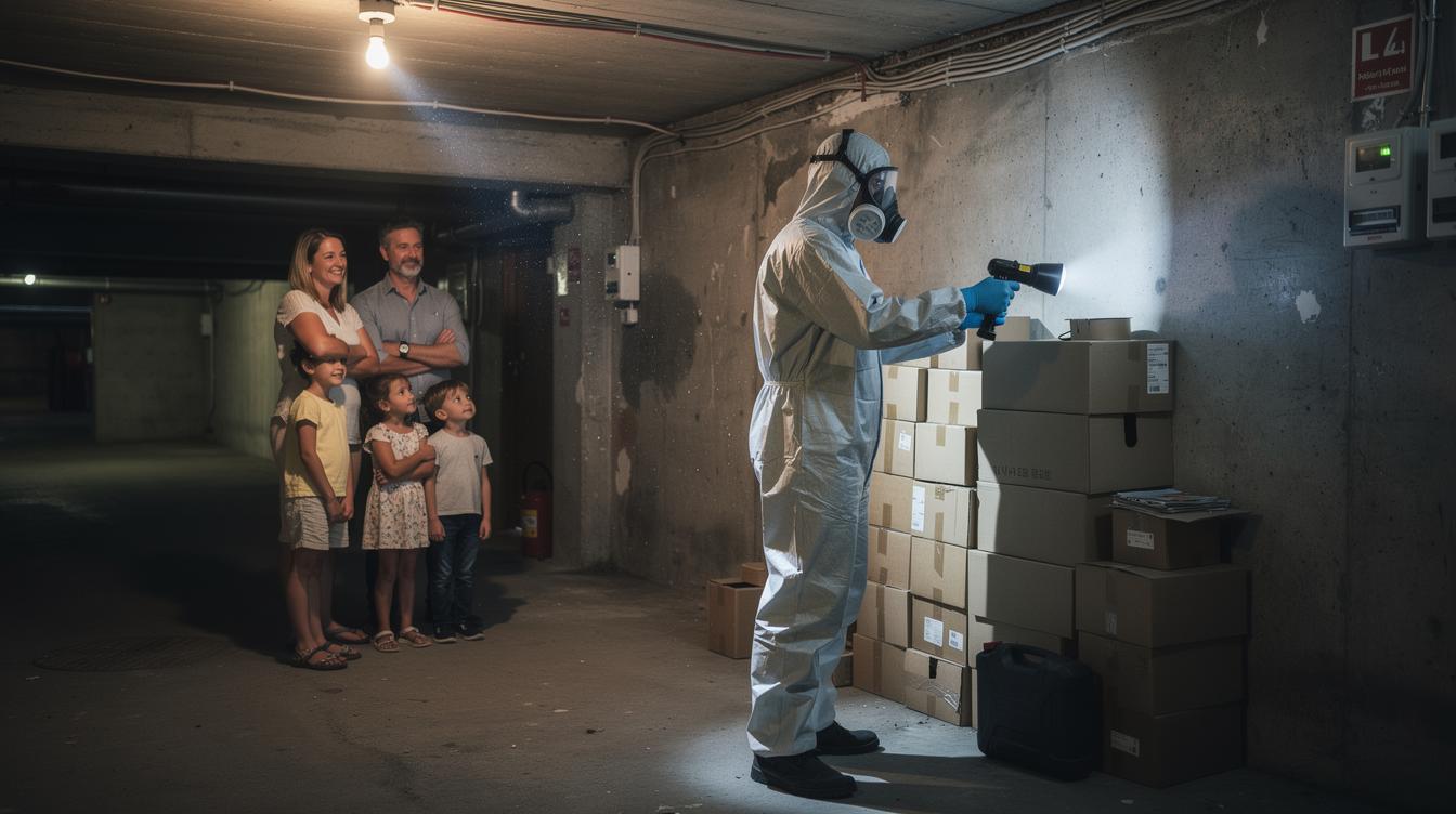 Un professionnel en combinaison inspecte attentivement un sous-sol d’immeuble à Épinay-sur-Orge, lampe à la main, observant derrière des boîtes empilées tandis qu’une famille reste à distance, observant la scène avec espoir et soulagement.