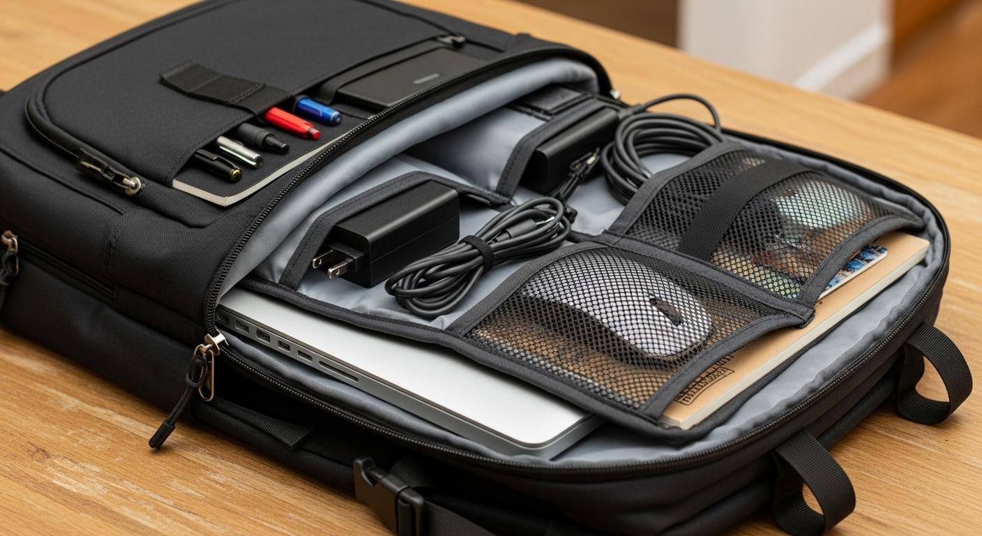 Un sac à dos ouvert sur une table, montrant un ordinateur maintenu dans un compartiment matelassé, avec chargeur et souris rangés dans des pochettes séparées, le tout bien organisé.