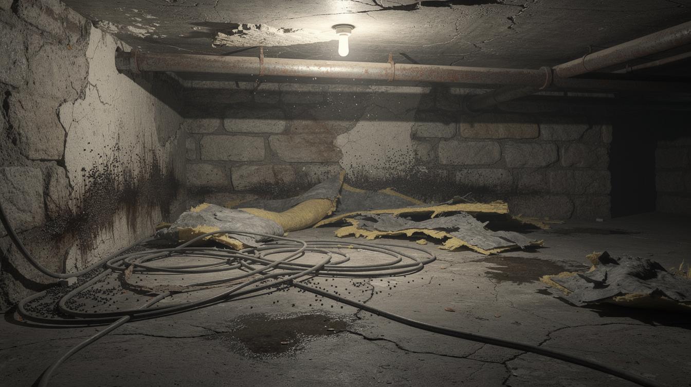 Sous-sol d’un immeuble ancien à Gagny, câbles électriques endommagés au sol, traces de dents de rats et matériaux isolants éparpillés, atmosphère sombre et inquiétante.