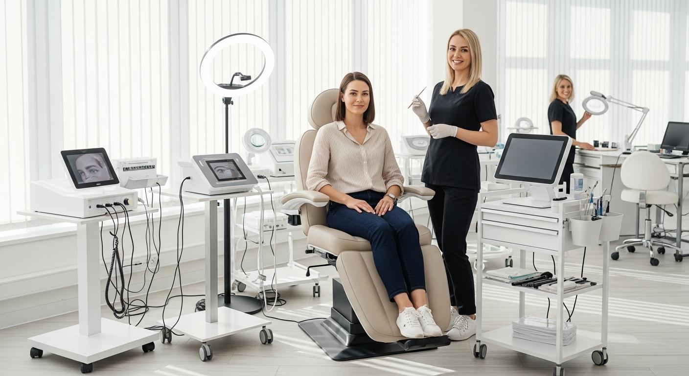 Une femme assise dans un fauteuil de consultation, dans un cabinet lumineux, entourée de matériel médical moderne et d’un personnel souriant, prête à recevoir un soin des sourcils.