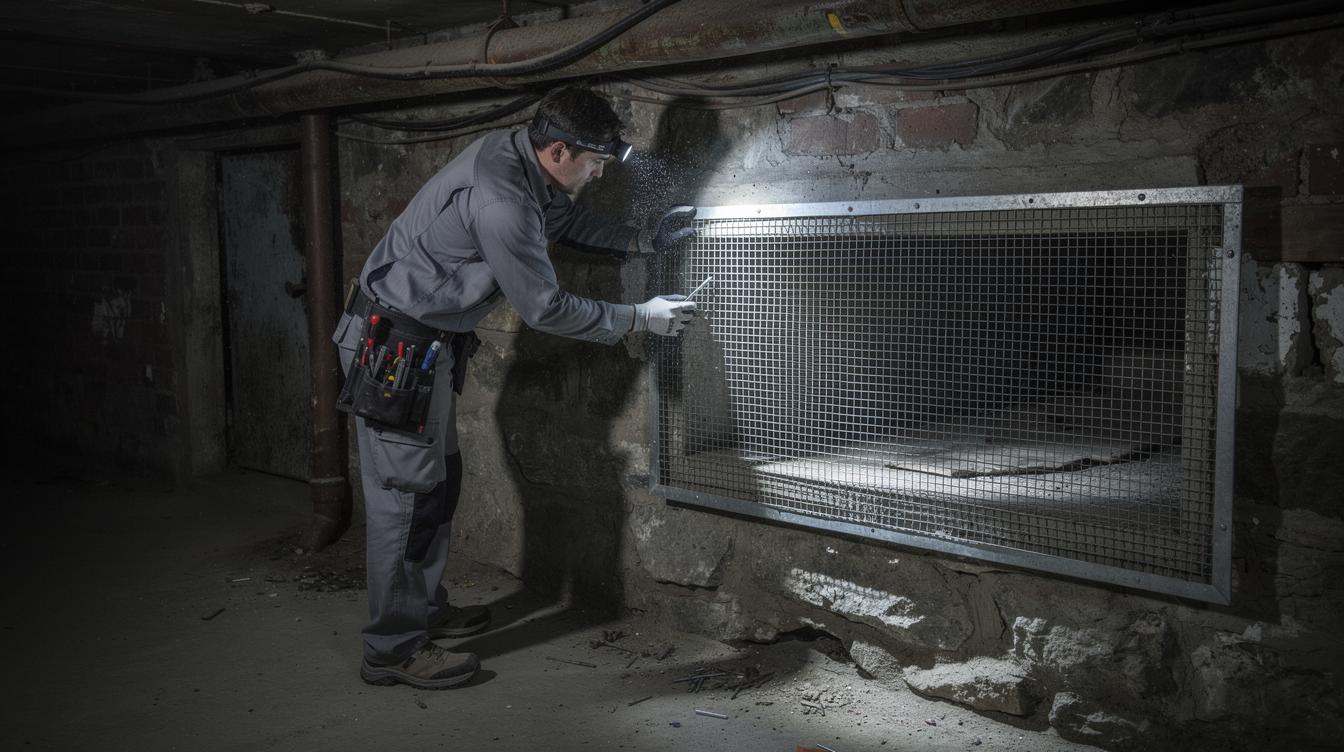 Un technicien en sous-sol d'un immeuble ancien installe une grille métallique devant une ouverture de ventilation pour empêcher l'accès aux rongeurs, équipé de gants et d'une lampe frontale.