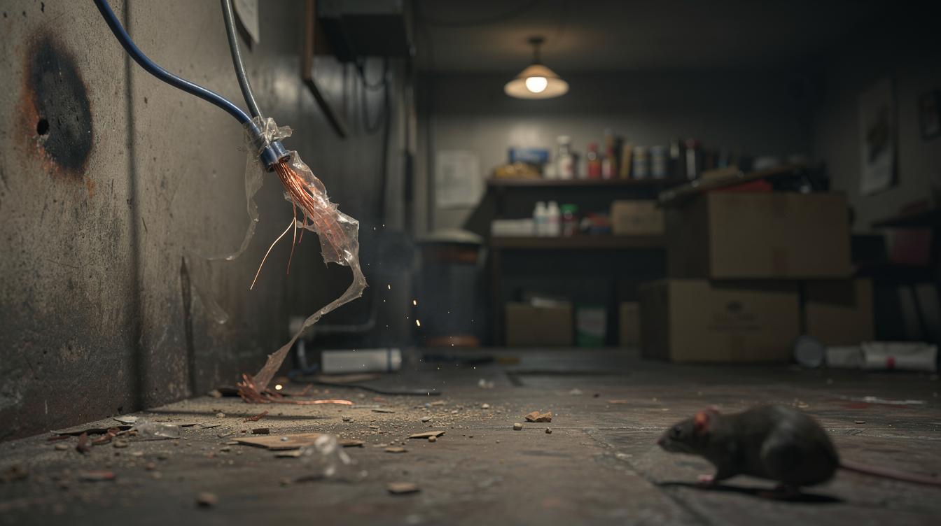 Un plan serré sur un fil électrique partiellement sectionné dans l’arrière-boutique d’un café sombre, quelques débris et une ombre de rat fuyant dans l’angle.