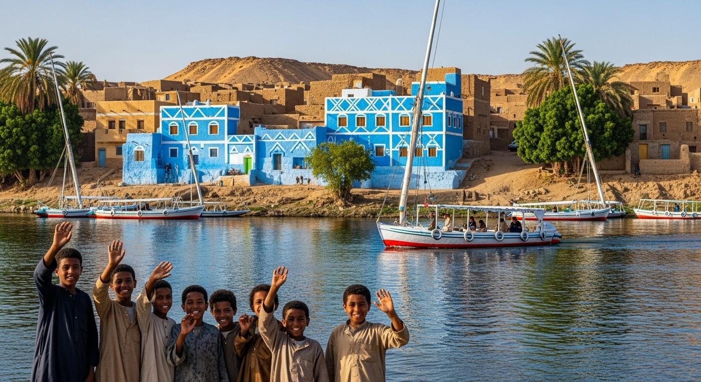 Un village nubien coloré sur la rive du Nil, avec des enfants souriants saluant une felouque qui passe, maisons peintes de bleu et d’ocre, palmiers et embarcations traditionnelles en arrière-plan.