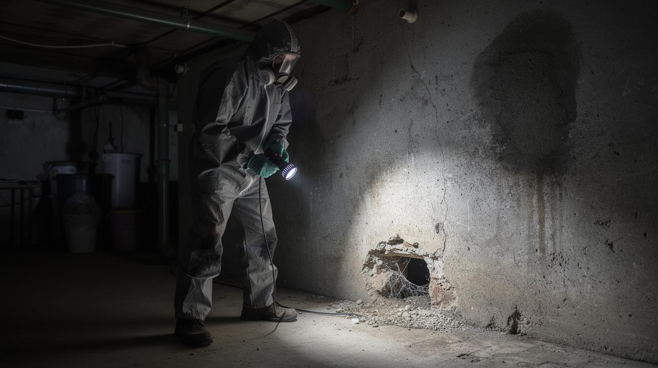 Un dératiseur en combinaison inspecte minutieusement une cave sombre à Groslay, lampe torche à la main, devant un mur où l'on distingue une petite ouverture suspecte.