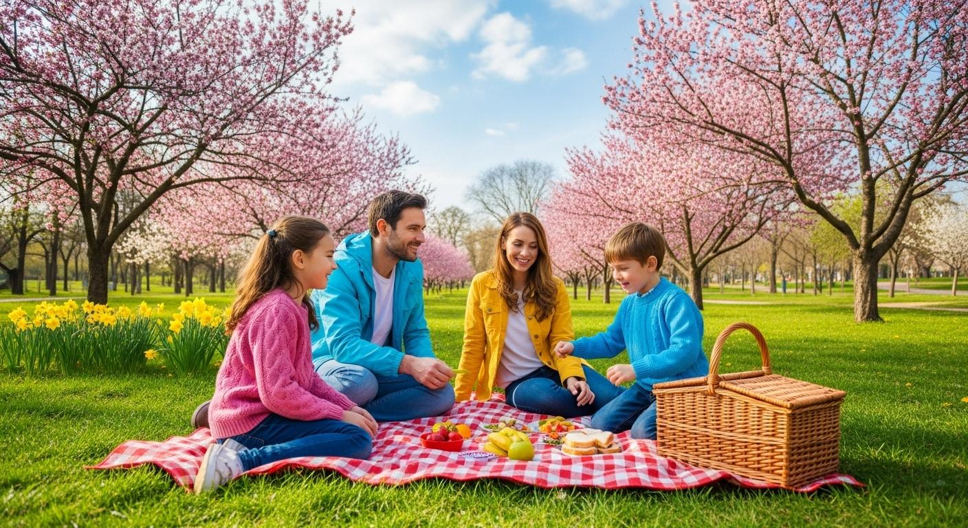 Une famille installée sur une couverture lors d’un pique-nique printanier dans un parc, les adultes portent des vestes légères et les enfants jouent en pull sur l’herbe sous un ciel ensoleillé.