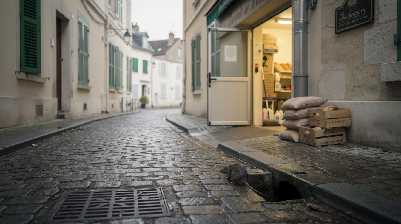 Une vue d'une ruelle pavée de Croissy-sur-Seine, avec un local de stockage entrebâillé derrière une boulangerie, et un rat discret en train de s'engouffrer par une ouverture vers un égout.