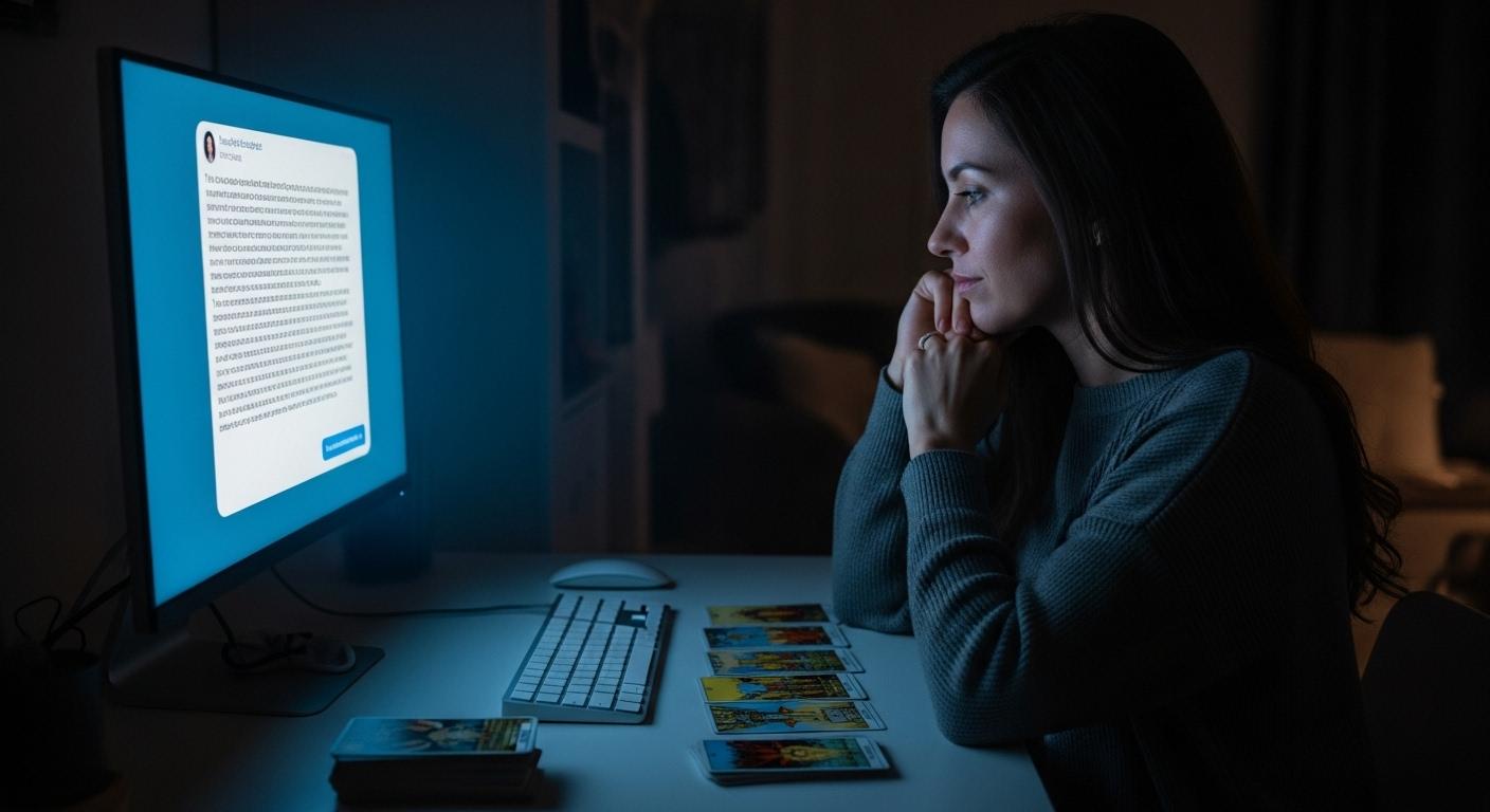 Une femme assise devant un écran d’ordinateur, lit un long message d'une abonnée émue, tandis que la lueur bleue de la nuit éclaire la pièce, des cartes sont posées à côté du clavier.