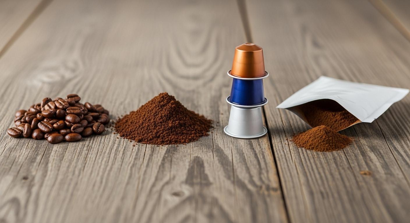 Sur une table en bois, quatre petits tas distincts de café sont alignés : des grains entiers brillants, du café moulu fin, des dosettes colorées et un sachet de café soluble ouvert, illustrant concrètement les différents formats à sélectionner avant le voyage.