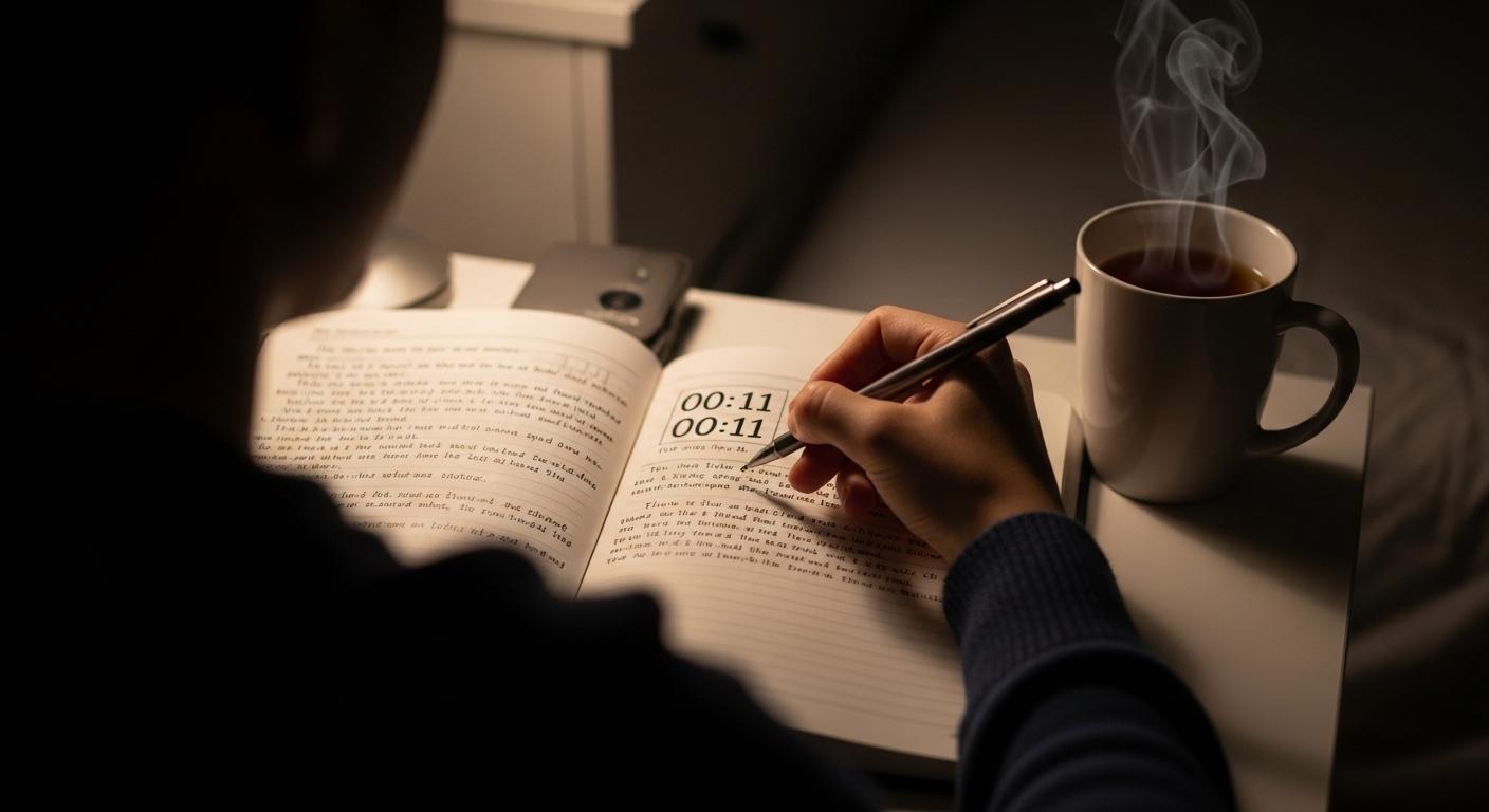 Un carnet ouvert posé sur une table de chevet, à côté d’une tasse de thé fumante, où une personne écrit à la main ses réflexions à propos de l’heure 00h11, dans une ambiance intime et nocturne.