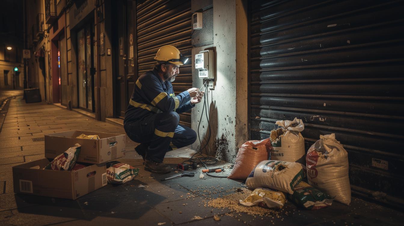 Un commerce de centre-ville aux rideaux métalliques baissés, vitrine éteinte, devant lequel un électricien répare un compteur endommagé, tandis que des caisses de provisions ouvertes laissent entrevoir des paquets éventrés, signes visibles d'une invasion de rongeurs.