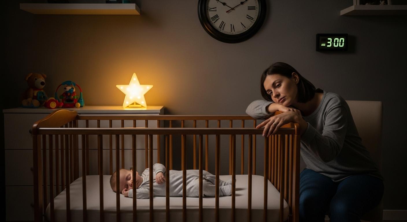 Un bébé de trois mois dort dans son berceau, la lumière douce de la veilleuse éclaire la chambre en pleine nuit, un parent veille à côté avec un air fatigué, tandis que l’horloge murale indique trois heures du matin.