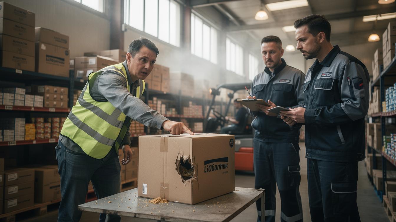 Un entrepôt de PME par un jour réel, des cartons de denrées entassés, une trace de grignotage en évidence sur un colis, un employé tendu montre la scène à deux experts en combinaison professionnelle, le tout dans l'urgence d'une intervention matinale.