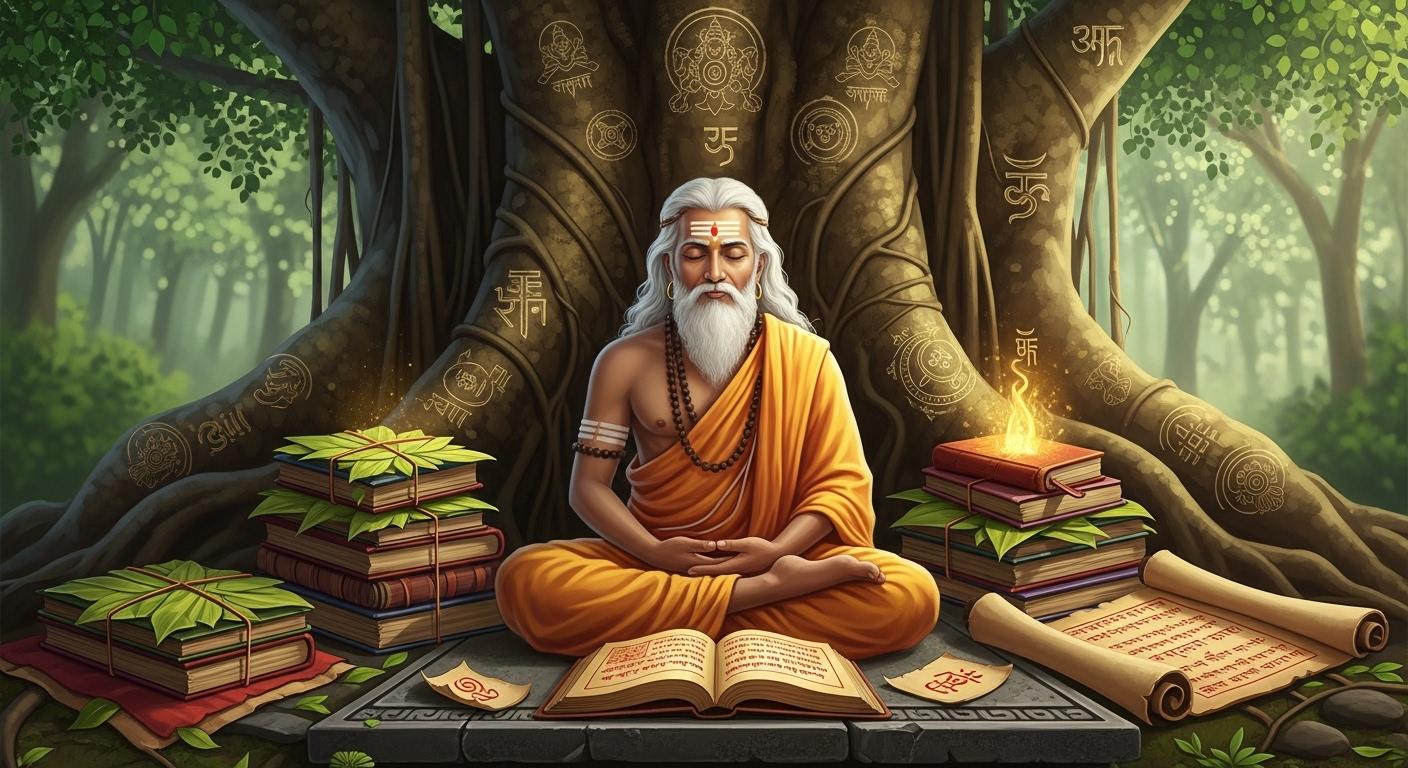 Un sage indien assis en méditation sous un arbre, entouré de textes anciens, symbolisant la transmission du concept de karma à travers les âges