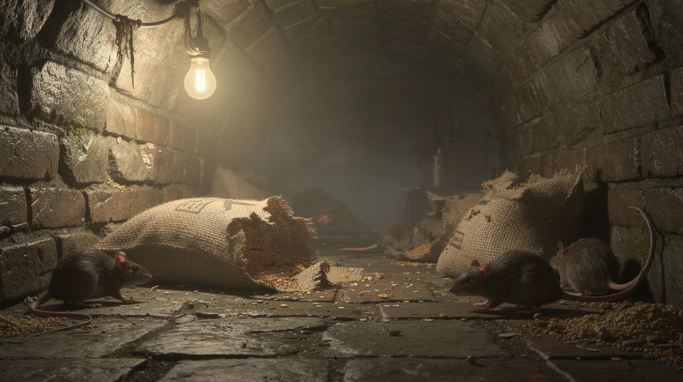 Une cave sombre et humide, avec des sacs de marchandises éventrés au sol et plusieurs gros rats se faufilant près des murs, alors qu’une faible lumière éclaire des vieilles briques.