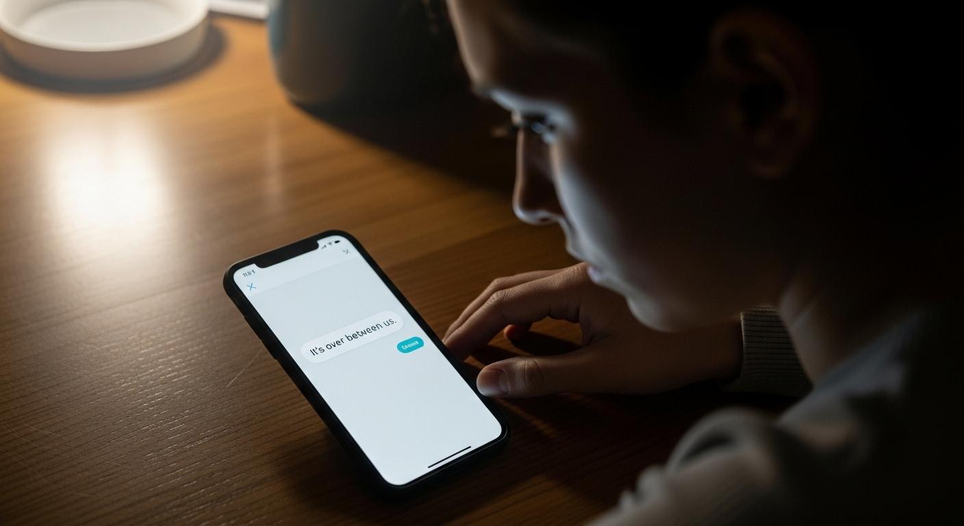Un téléphone posé sur une table, affichant un message de rupture, tandis qu’une personne regarde l’écran d’un air pensif, la lumière tamisée accentuant l’atmosphère mélancolique.