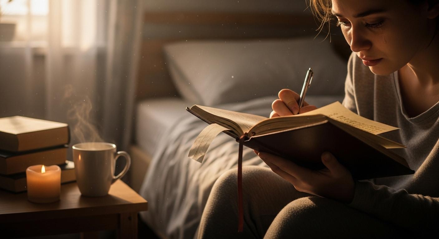 Au petit matin, une personne assise sur le bord de son lit, les yeux embués, tient un journal intime ouvert et griffonne avec émotion, tandis que la lumière douce de l’aube éclaire la pièce, révélant une atmosphère à la fois nostalgique et réconfortante.