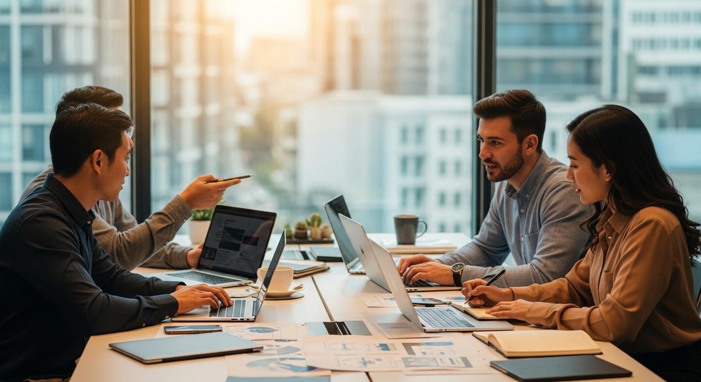 Trois professionnels, réunis autour d’une table de travail lumineuse, échangent des idées et consultent des ordinateurs portables, symbolisant la création collaborative de la plateforme Travel Prime.