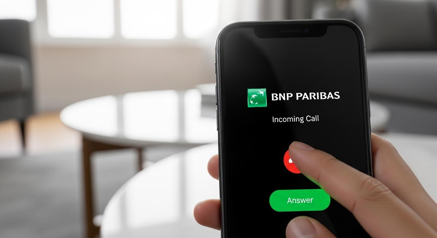 Un téléphone portable affiche à l’écran un appel entrant avec le vrai nom et logo d’une banque connue, une main hésitante s’apprête à décrocher dans un salon moderne, la lumière du dehors filtre à travers une fenêtre.