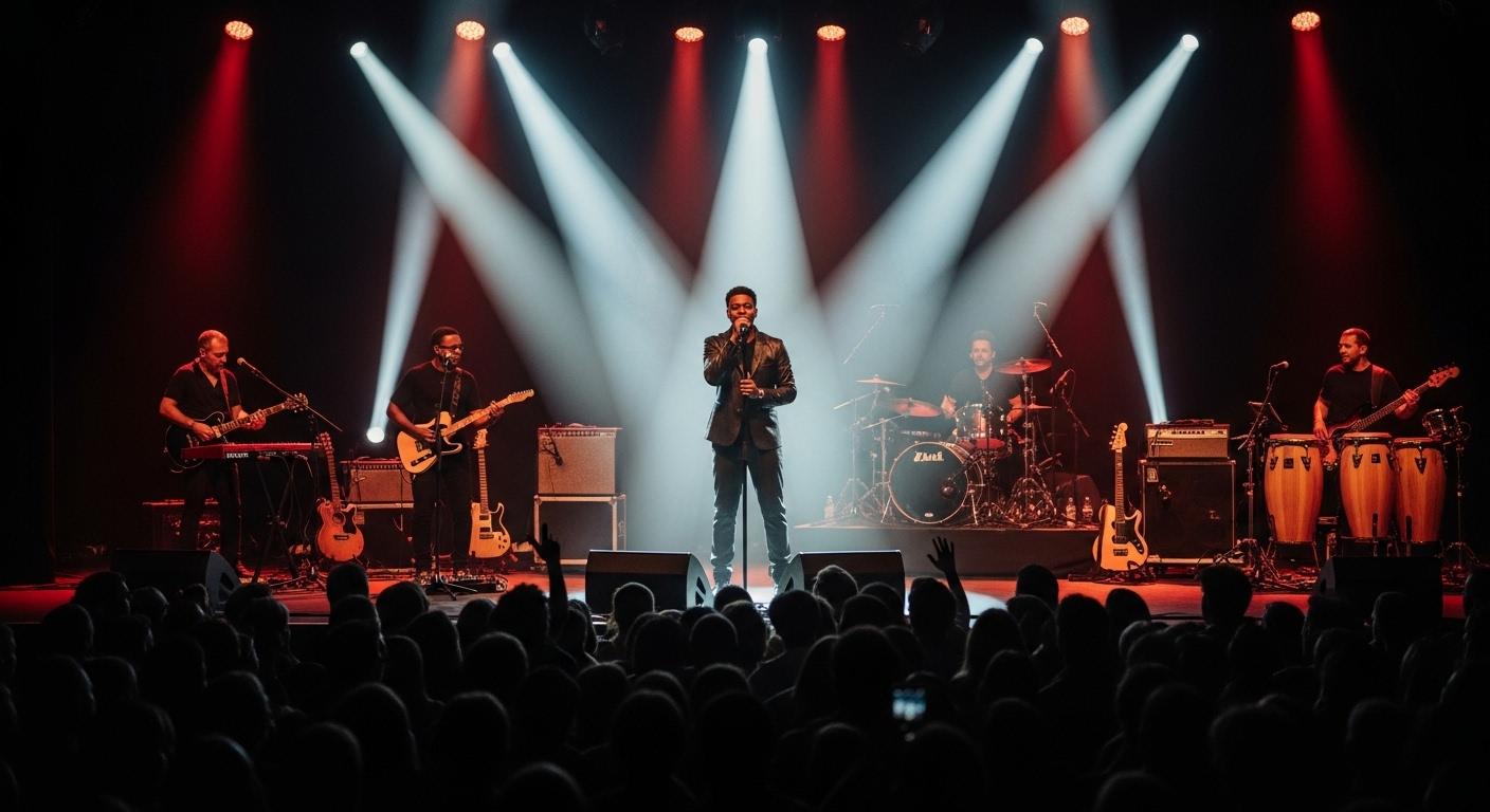 Kendji Girac debout sur scène parmi une foule, éclairé par des projecteurs, sa silhouette légèrement plus petite que celle de musiciens autour de lui, mais dégageant une forte prestance.