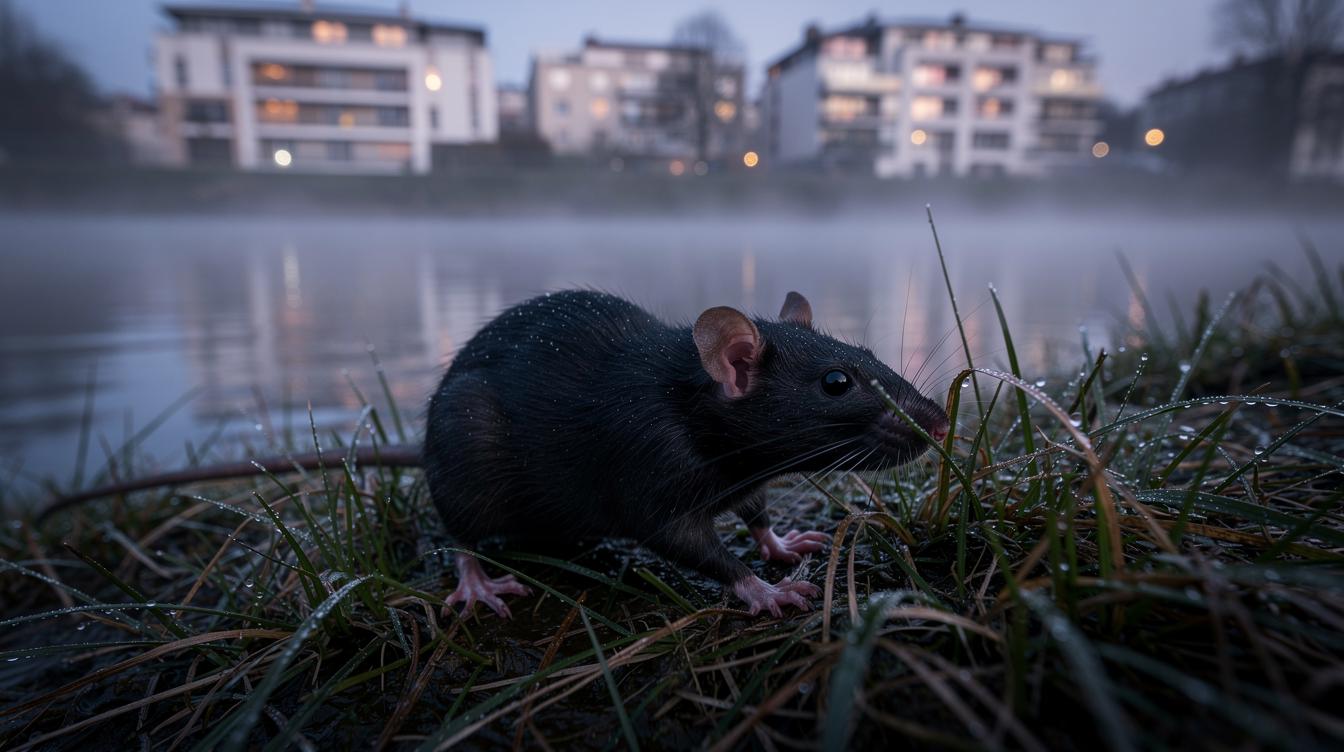 Un rat noir se faufilant au crépuscule entre les herbes humides au bord de la Marne à Saint-Maur-des-Fossés, avec des immeubles en arrière-plan et une légère brume matinale.