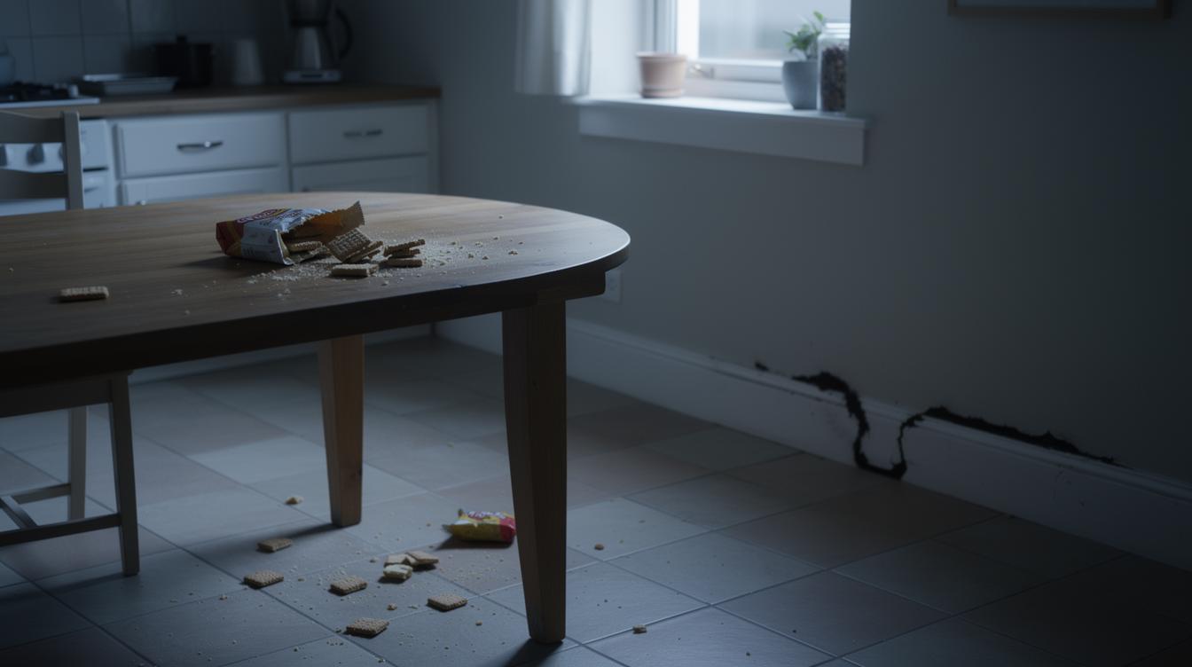 Une cuisine familiale silencieuse à l’aube, avec un paquet de biscuits rongé sur la table, des miettes éparpillées et une fine trace sombre le long d’une plinthe.