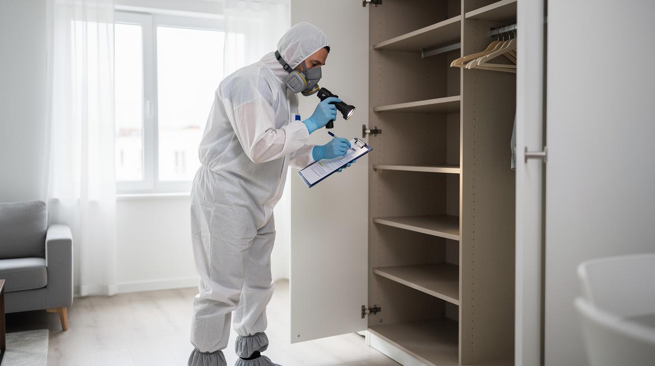 Un technicien en combinaison de protection examine minutieusement un placard ouvert dans un appartement moderne, prenant des notes sur l'état des lieux tout en tenant à la main une lampe torche.