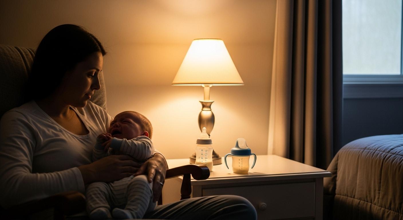 Une maman assise dans la pénombre, berce son bébé en pyjama qui pleure, une lumière douce éclaire la pièce, une bouteille de lait et une petite gourde sont posées sur la table de chevet.