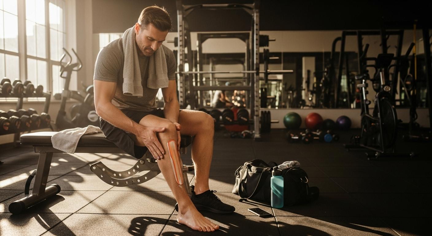 Un sportif applique une crème chauffante sur ses mollets dans une salle de sport baignée de lumière du matin, entouré de vêtements de sport et d’accessoires d’entraînement.